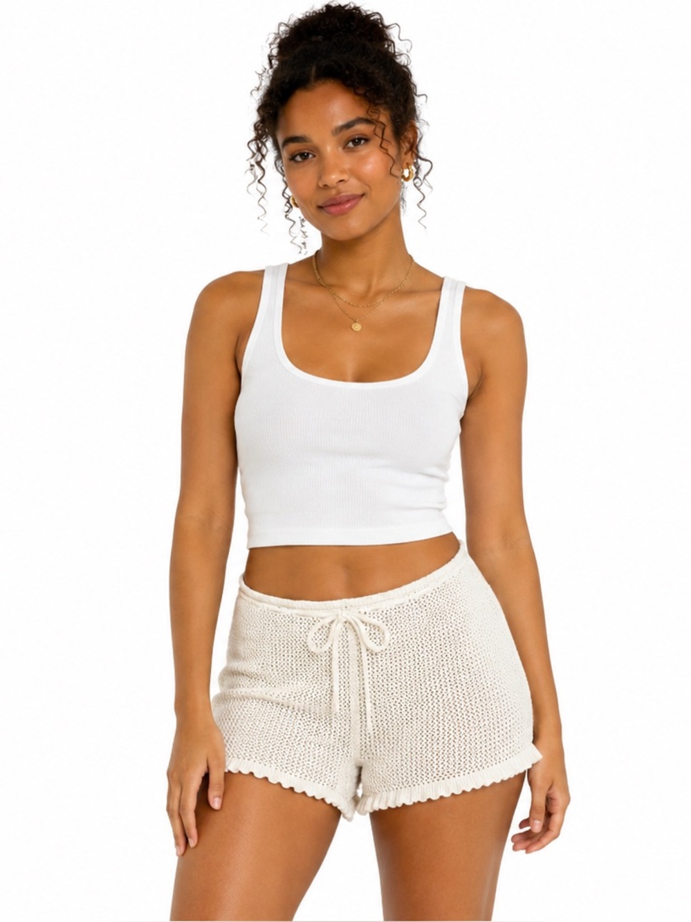 Streetwear Society Ivory Knit Drawstring Ruffle Hem Shorts
